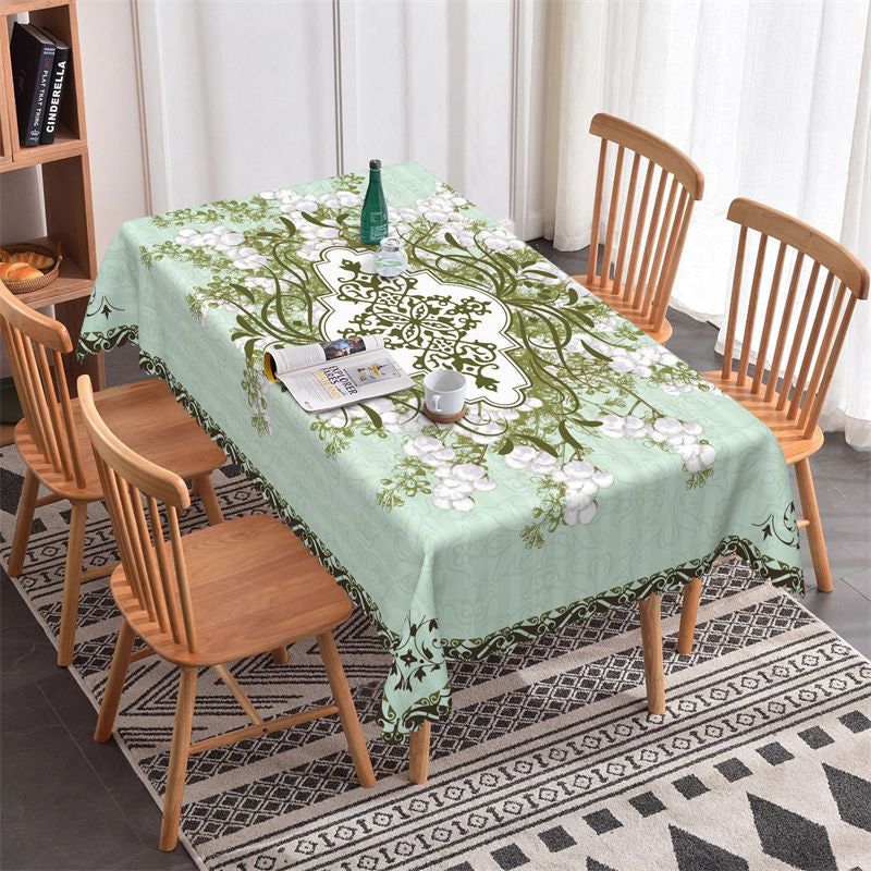 Lofaris Green Botanical White Flower Rectangle Tablecloth