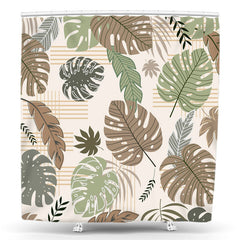 Lofaris Green Brown Monstera Beige Shower Curtain For Bathtub