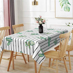 Lofaris Green Cactus Black Vertical Stripes White Tablecloth