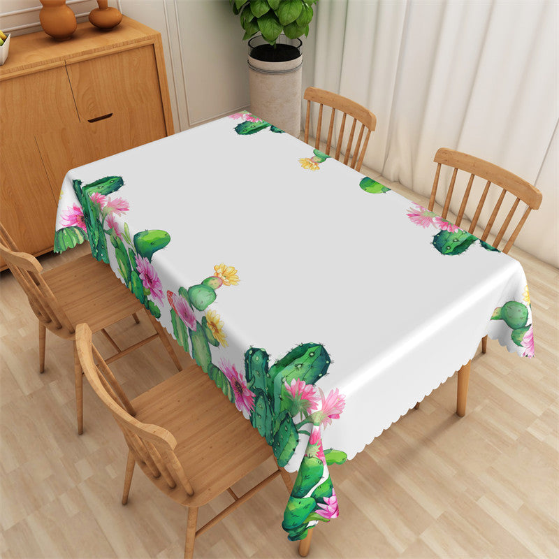 Lofaris Green Cactus Pink Floral White Rectangle Tablecloth