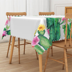 Lofaris Green Cactus Pink Floral White Rectangle Tablecloth