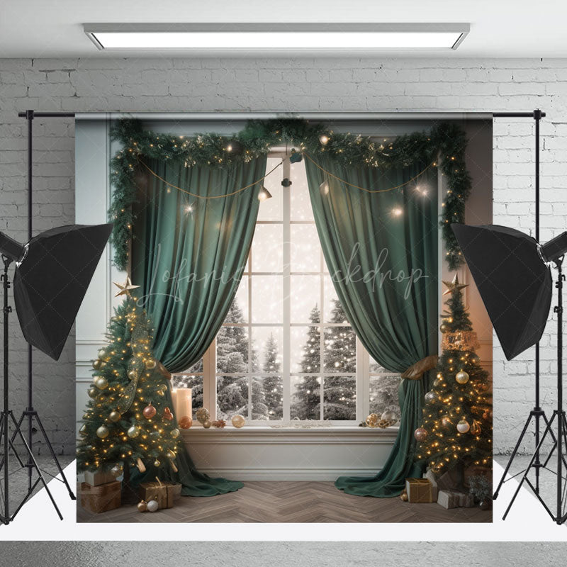 Lofaris Green Christmas Trees Window Winter Photo Backdrop