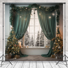 Lofaris Green Christmas Trees Window Winter Photo Backdrop