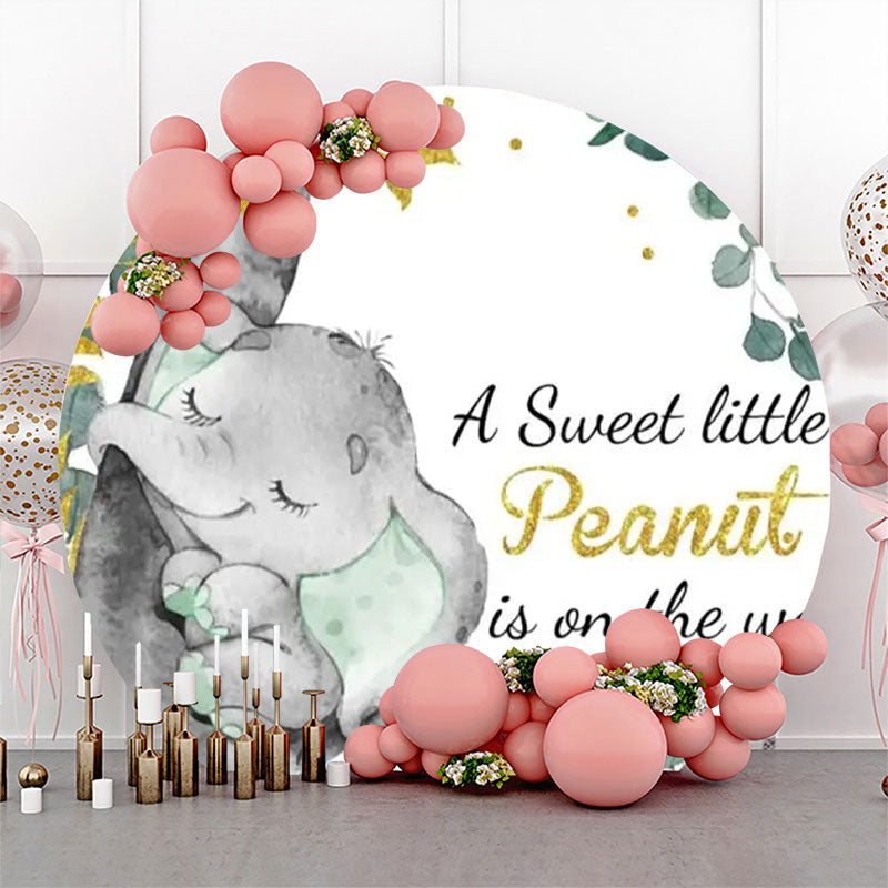 Lofaris Green Elephant Gold Leaf Round Baby Shower Backdrop