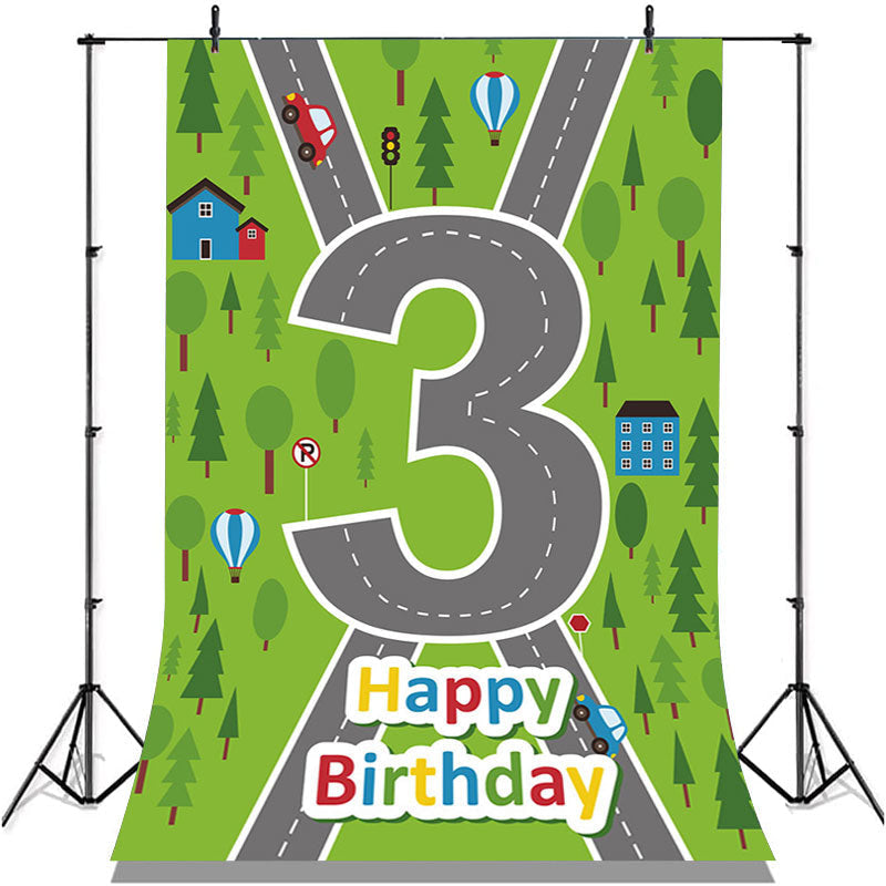 Lofaris Green Forest Cross Road Happy 3rd Birthday Backdrop