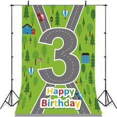 Lofaris Green Forest Cross Road Happy 3rd Birthday Backdrop