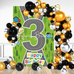 Lofaris Green Forest Cross Road Happy 3rd Birthday Backdrop