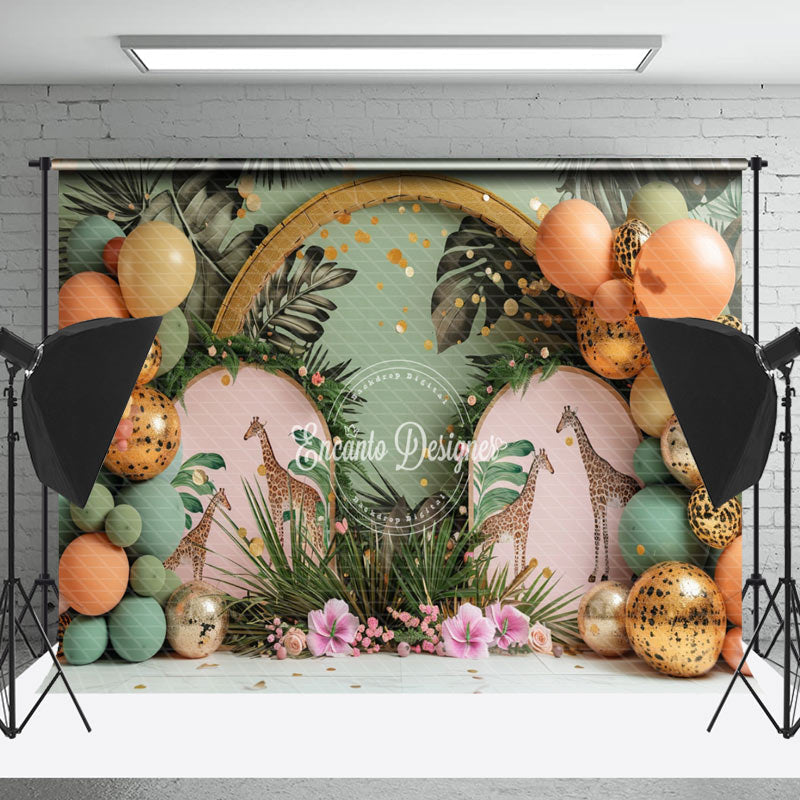 Lofaris Green Forest Giraffe Monstera Cake Smash Backdrop