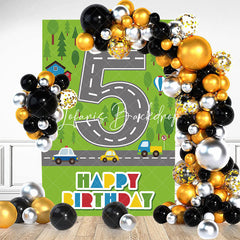 Lofaris Green Forest Road 5th Birthday Backdrop For Boys