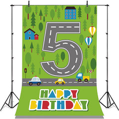 Lofaris Green Forest Road 5th Birthday Backdrop For Boys