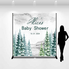 Lofaris Green Forest Snowy Custom Name Baby Shower Backdrop