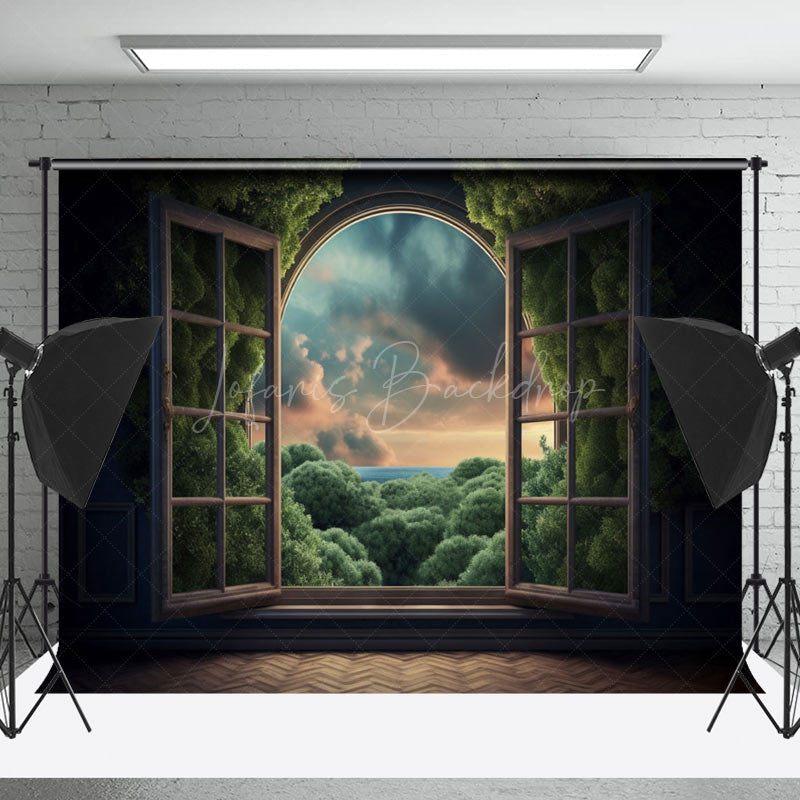 Lofaris Green Forest Window Natural Scenery Photo Backdrop