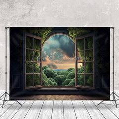 Lofaris Green Forest Window Natural Scenery Photo Backdrop