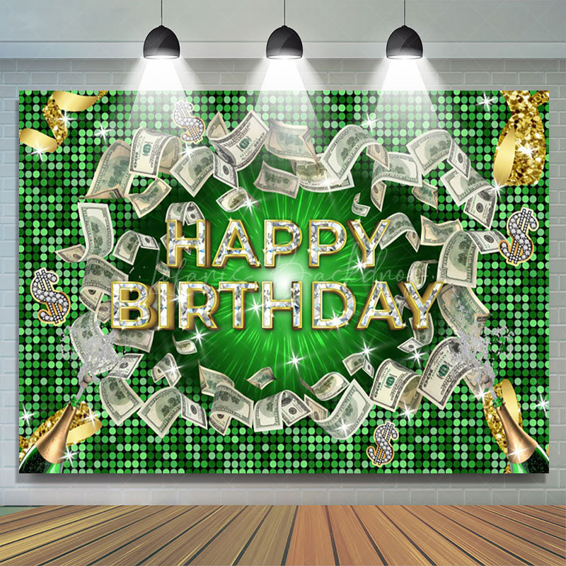 Lofaris Green Gold Diamond Dollar Cash Happy Birthday Backdrop