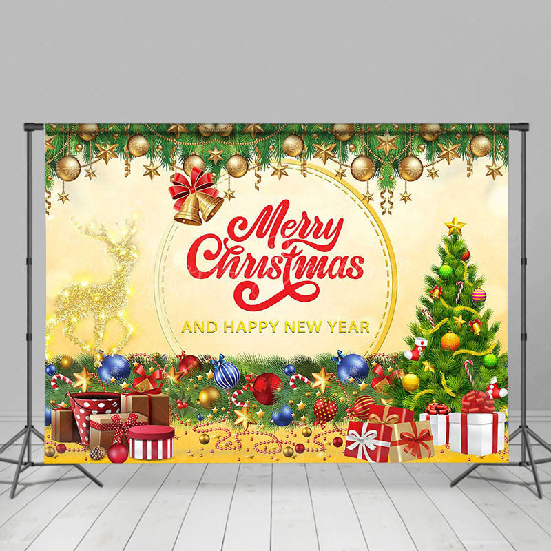 Lofaris Green Gold Gift Bells Trees Merry Christmas Backdrop