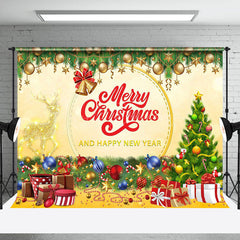 Lofaris Green Gold Gift Bells Trees Merry Christmas Backdrop