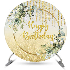 Lofaris Green Gold Glitter Leaves Round Birthday Backdrop