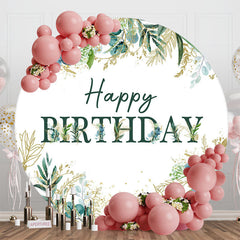 Lofaris Green Gold Leaves Round Happy Birthday Backdrop