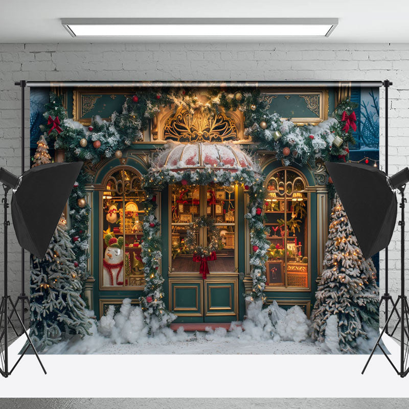 Lofaris Green Gold Store Door Snow Trees Christmas Backdrop