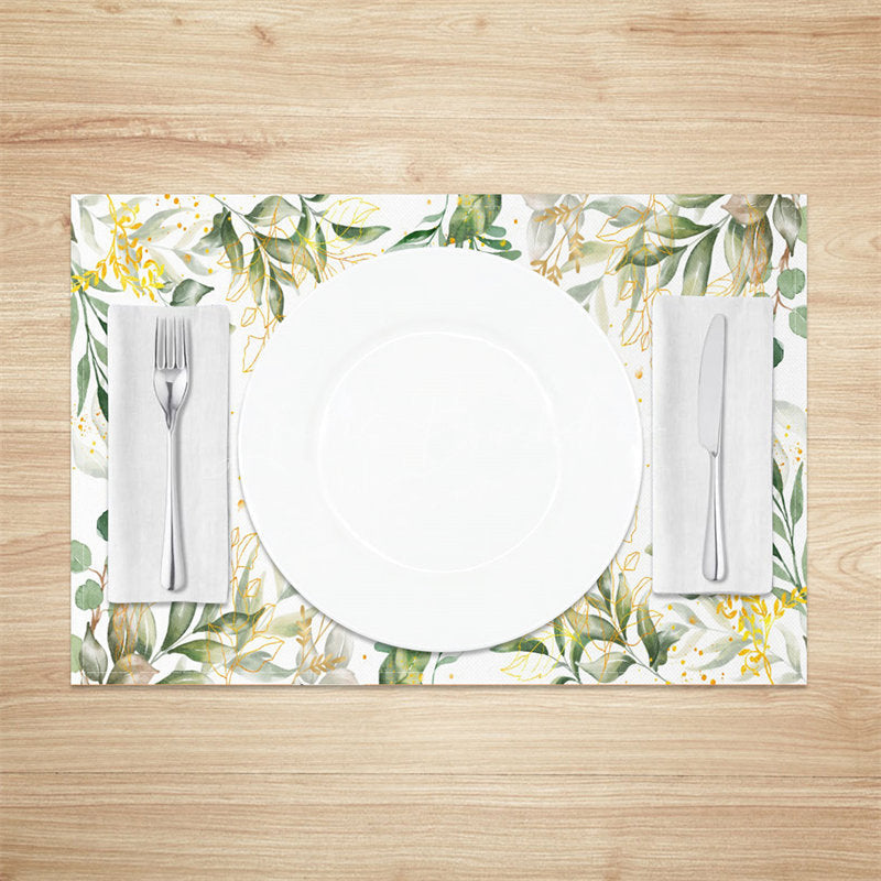 Lofaris Green Golden Leaves Dots Faded Set Of 4 Placemats