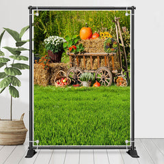 Lofaris Green Grass Floral Fruit Wooden Cart Spring Backdrop