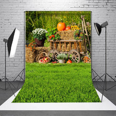 Lofaris Green Grass Floral Fruit Wooden Cart Spring Backdrop