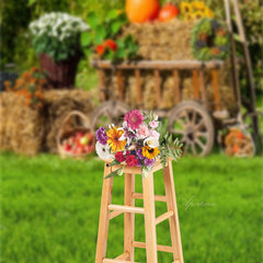 Lofaris Green Grass Floral Fruit Wooden Cart Spring Backdrop