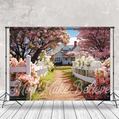 Lofaris Green Grass House Pink White Floral Spring Backdrop