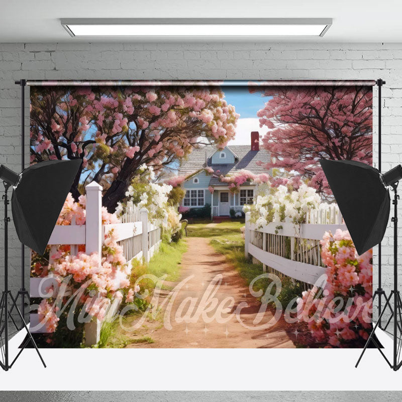 Lofaris Green Grass House Pink White Floral Spring Backdrop