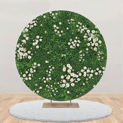 Lofaris Green Grass White Floral Rustic Round Spring Backdrop