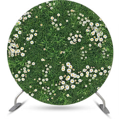 Lofaris Green Grass White Floral Rustic Round Spring Backdrop