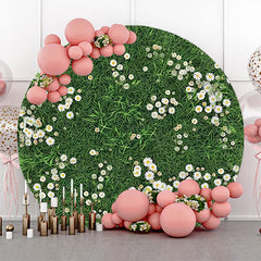 Lofaris Green Grass White Floral Rustic Round Spring Backdrop