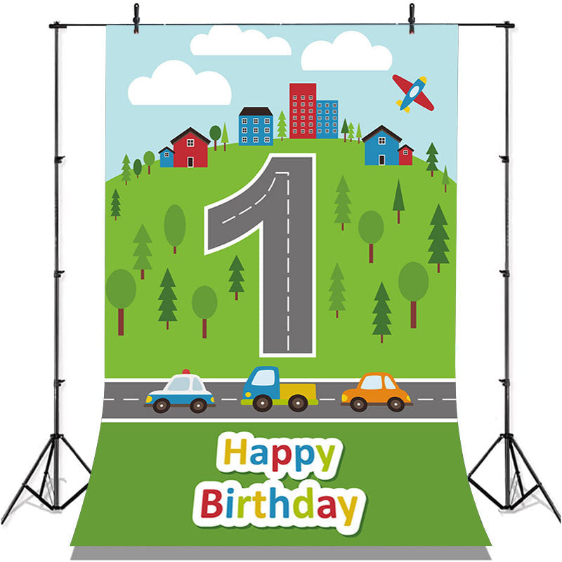 Lofaris Green Grassland Forest Road Sky 1st Birthday Backdrop