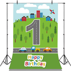 Lofaris Green Grassland Forest Road Sky 1st Birthday Backdrop