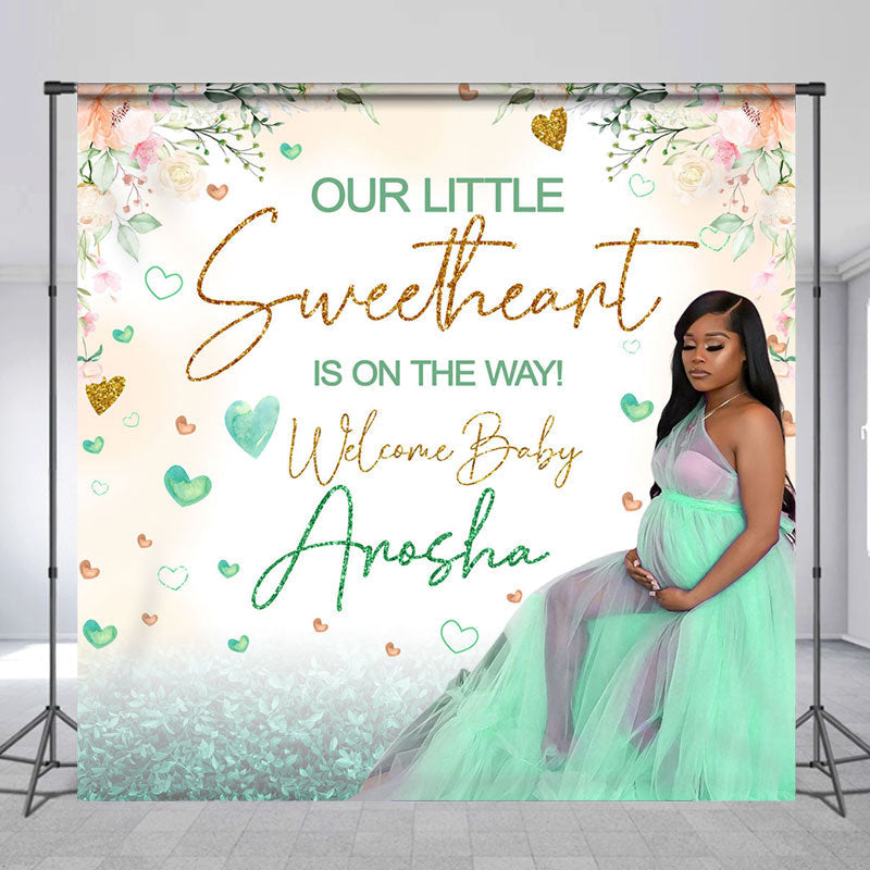 Lofaris Green Heart Floral Custom Photo Baby Shower Backdrop