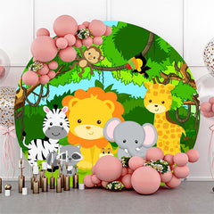 Lofaris Green Jungle Animals Round Happy Birthday Backdrop