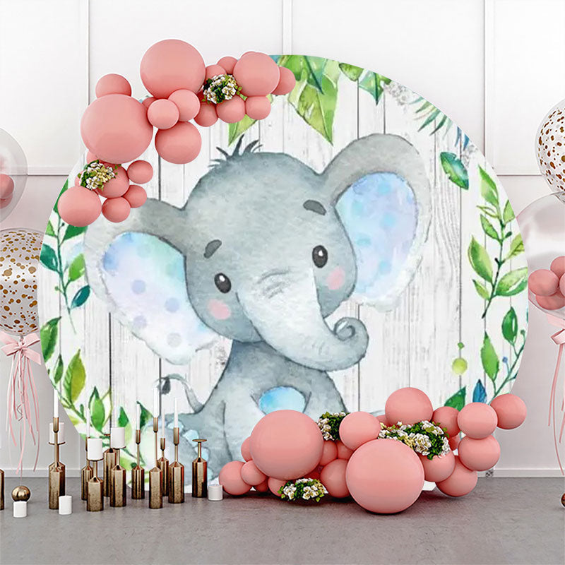 Lofaris Green Leaf Elephant Wood Round Baby Shower Backdrop