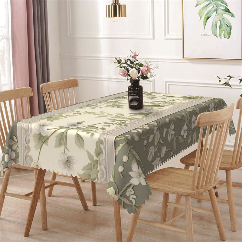 Lofaris Green Leaf White Floral Spring Rectangle Tablecloth