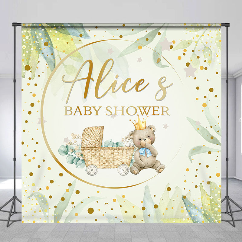 Lofaris Green Leaves Bear Custom Name Baby Shower Backdrop