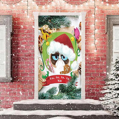 Lofaris Green Leaves Cute Cat Merry Christmas Door Cover