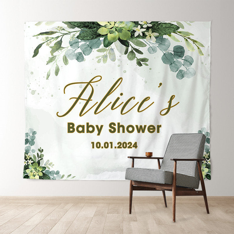 Lofaris Green Leaves Floral Custom Name Baby Shower Backdrop