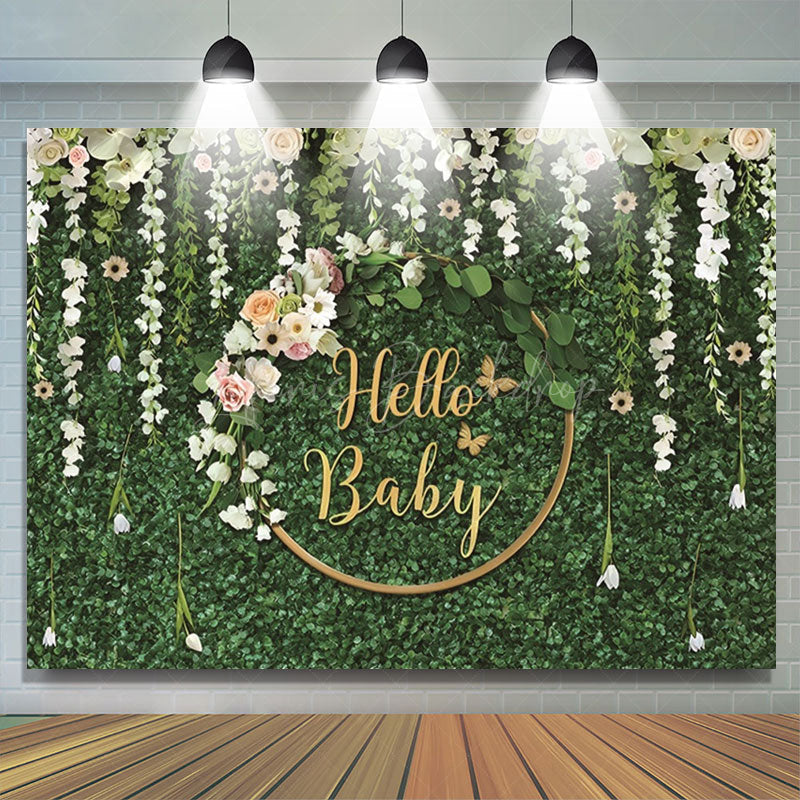 Lofaris Green Leaves Flowers Hello Baby Shower Backdrop