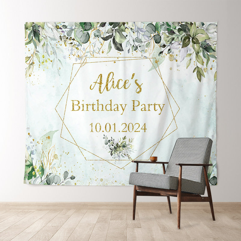 Lofaris Green Leaves Gold Glitter Custom Birthday Backdrop