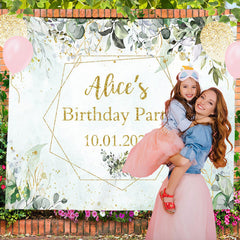 Lofaris Green Leaves Gold Glitter Custom Birthday Backdrop