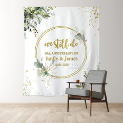 Lofaris Green Leaves Gold Glitter Happy Anniversary Backdrop