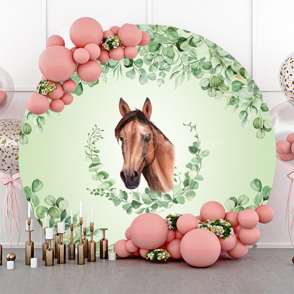 Lofaris Green Leaves Horse Round Baby Shower Backdrop For Boy