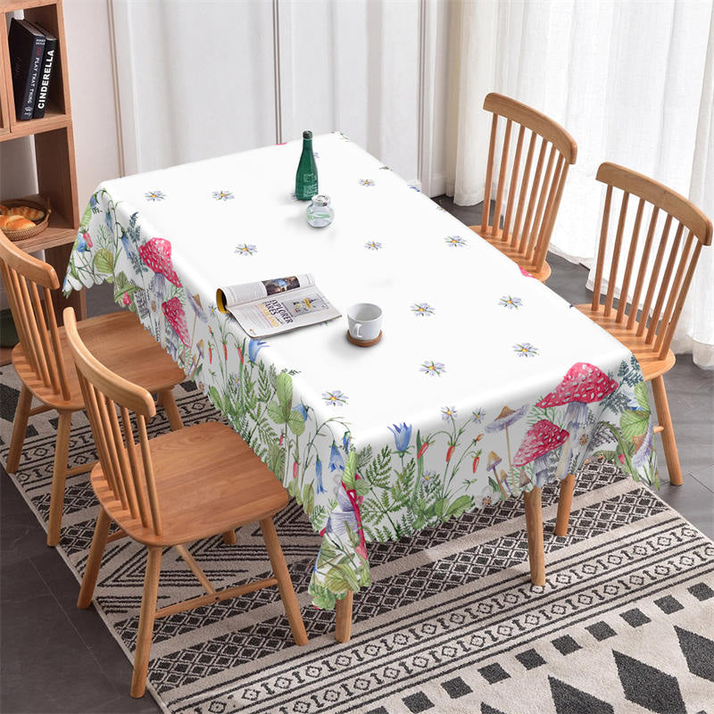 Lofaris Green Leaves Mushroom Floral White Dining Tablecloth