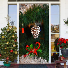 Lofaris Green Leaves Pinecone Bokeh Christmas Door Cover