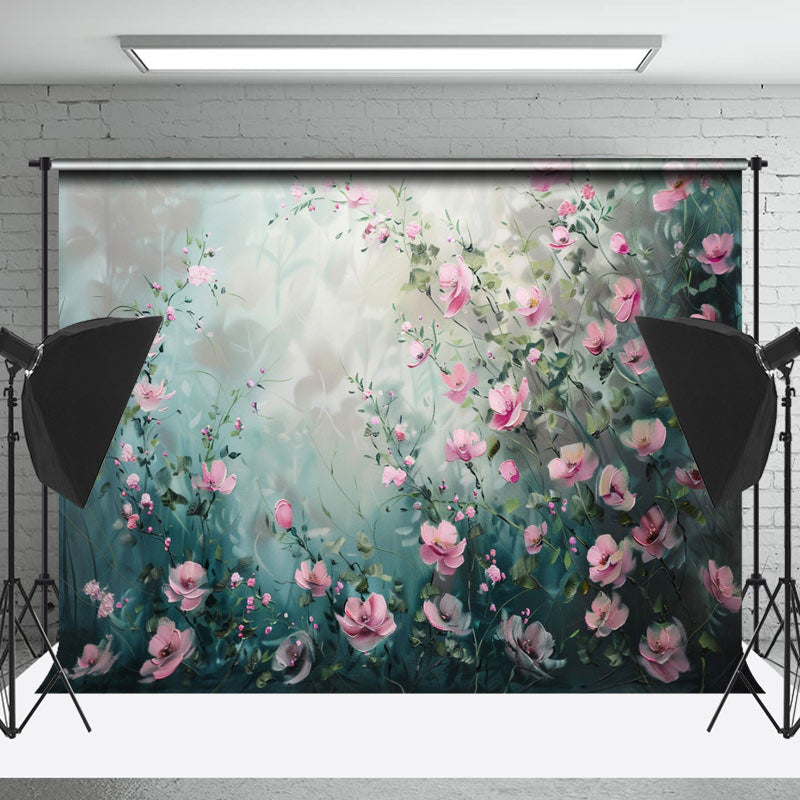 Lofaris Green Leaves Pink Floral Spring Fine Art Backdrop