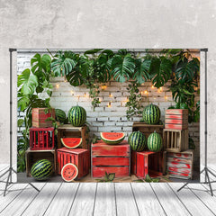 Lofaris Green Leaves Watermelon Brick Wall Summer Backdrop